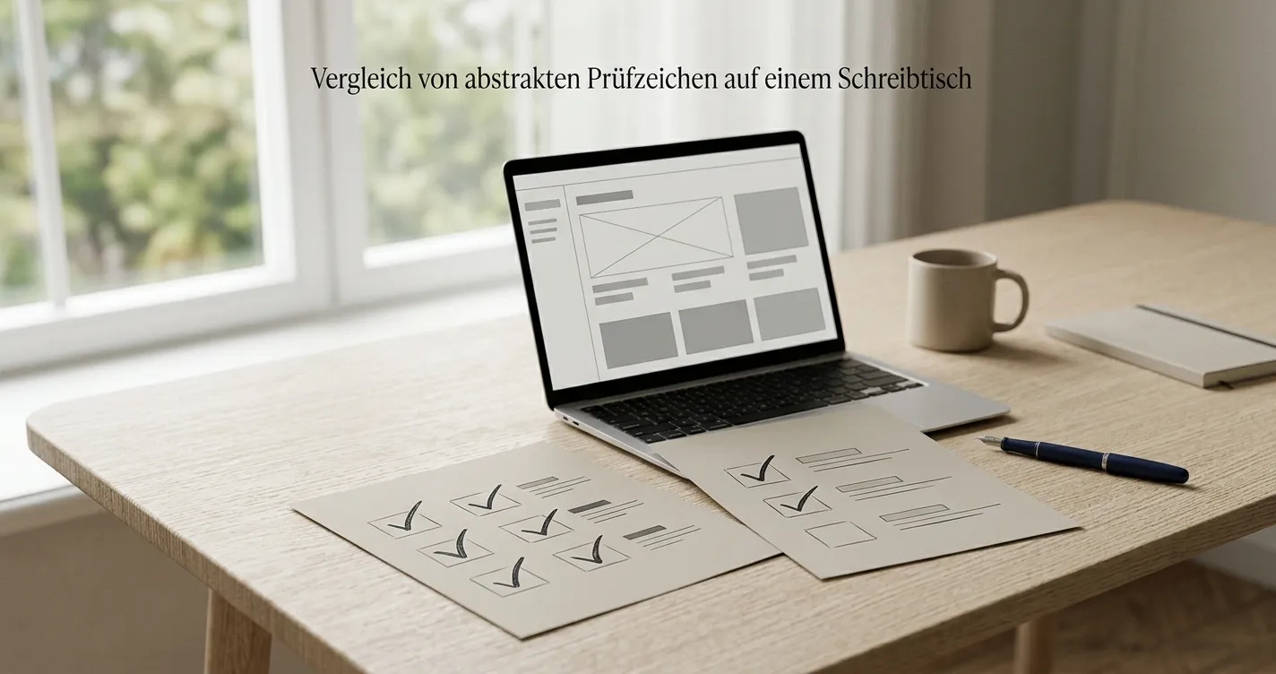 Schreibtisch mit neutraler Anbieterliste und sechs markierten Prüffeldern