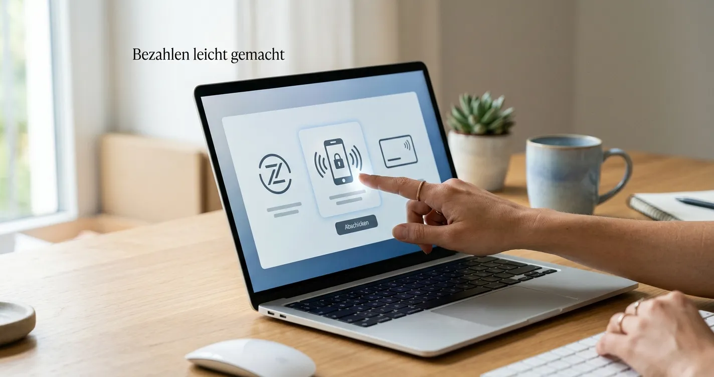 Laptop mit neutralen Symbolen für PayPal Paysafecard und Banküberweisung