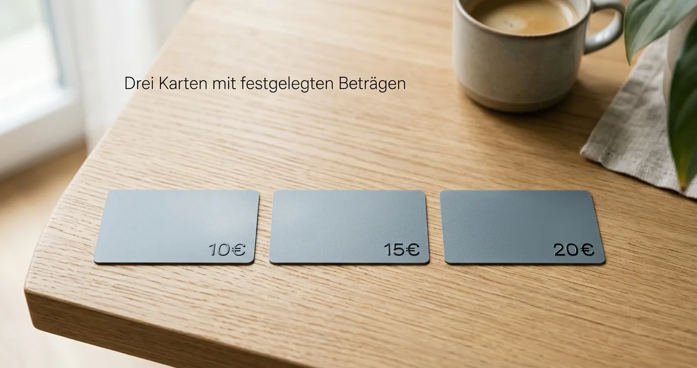 Drei neutrale Einzahlungskarten mit 10, 15 und 20 Euro nebeneinander auf einem Tisch