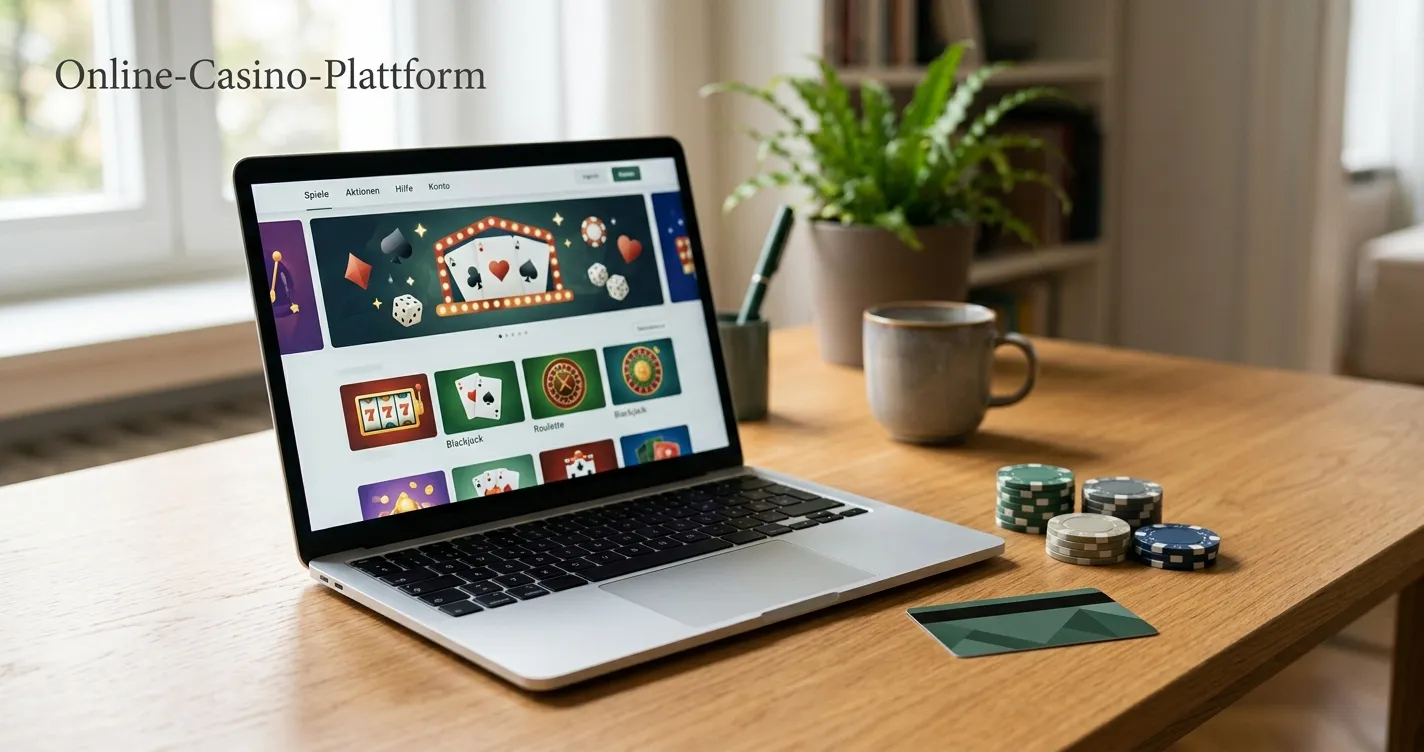 15 Euro Schein und Spielchips vor einem Laptop mit Casino-Startseite