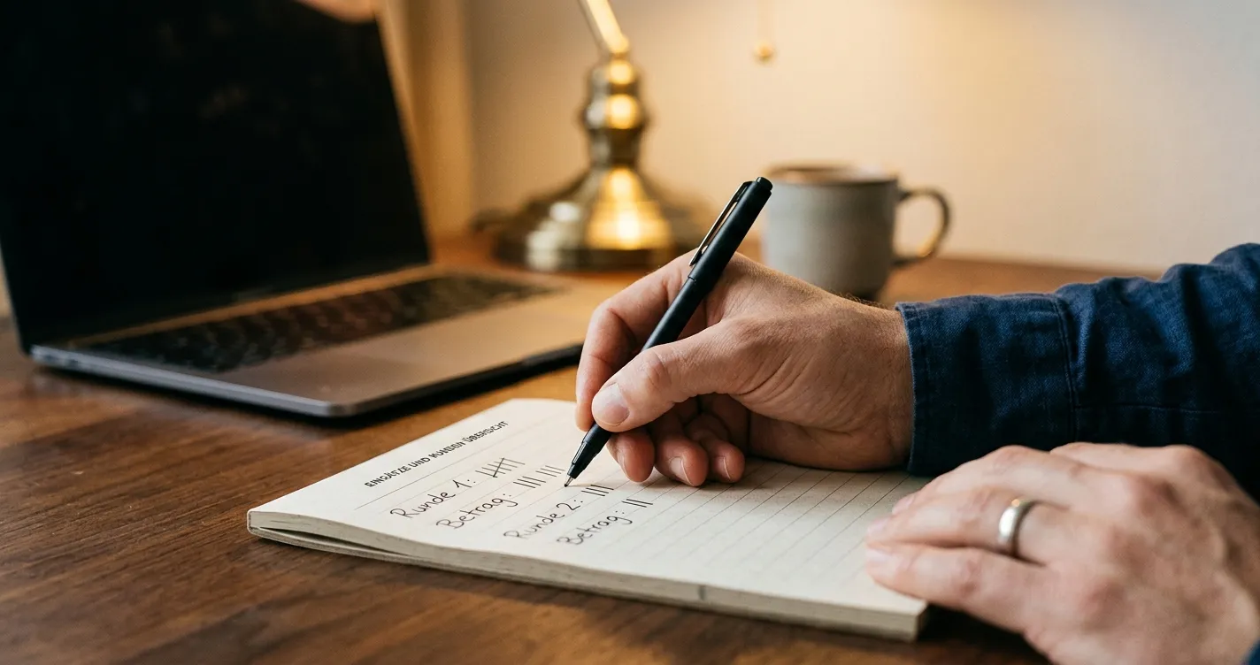 Notizblock mit handschriftlicher Rechnung zu Einsatz und Spielrunden neben einem Laptop
