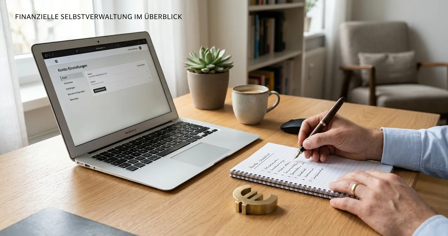 Handschriftliche Prüfliste neben Laptop und neutralem Einzahlungshinweis