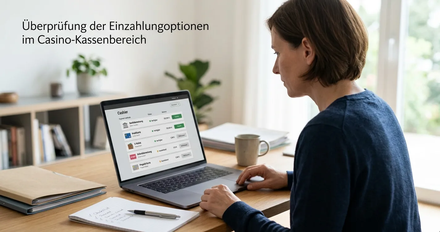 Person prüft Einzahlungsbedingungen in einem neutralen Online-Casino-Kassenfenster