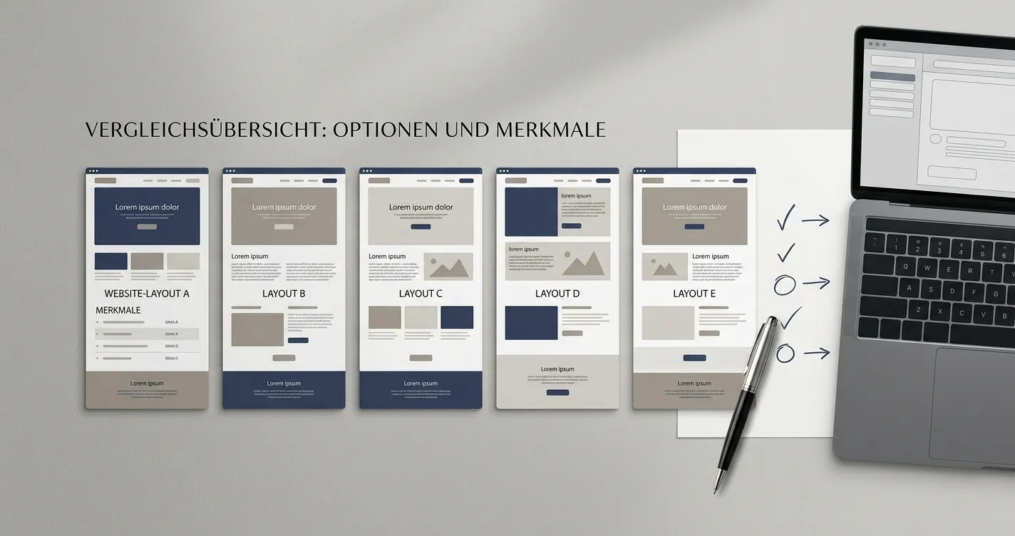 Neutrale Vergleichsmatrix mit fünf Website-Karten ohne Logos oder Markenfarben