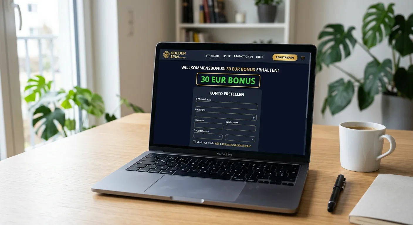 30 Euro Bonus ohne Einzahlung Casino – Laptop mit Registrierungsformular und Bonusguthaben-Anzeige