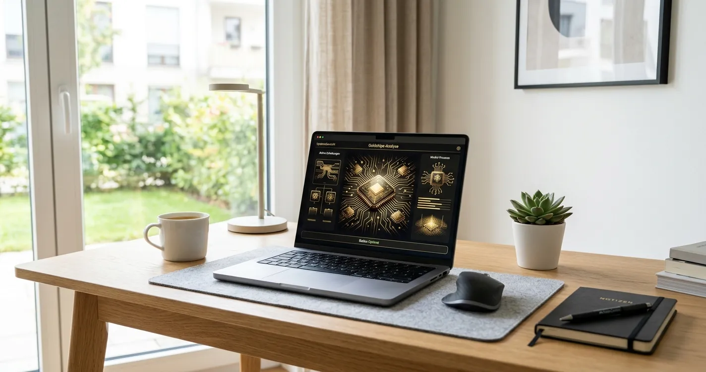 Moderner Arbeitsplatz mit Laptop und abstrakten Casino-Bonus-Symbolen