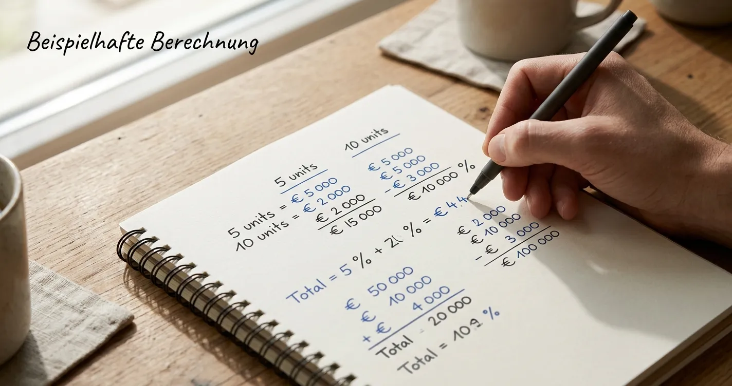 Handschriftliche Rechnung mit fünf Euro, zehn Euro und einem neutralen Prozentzeichen