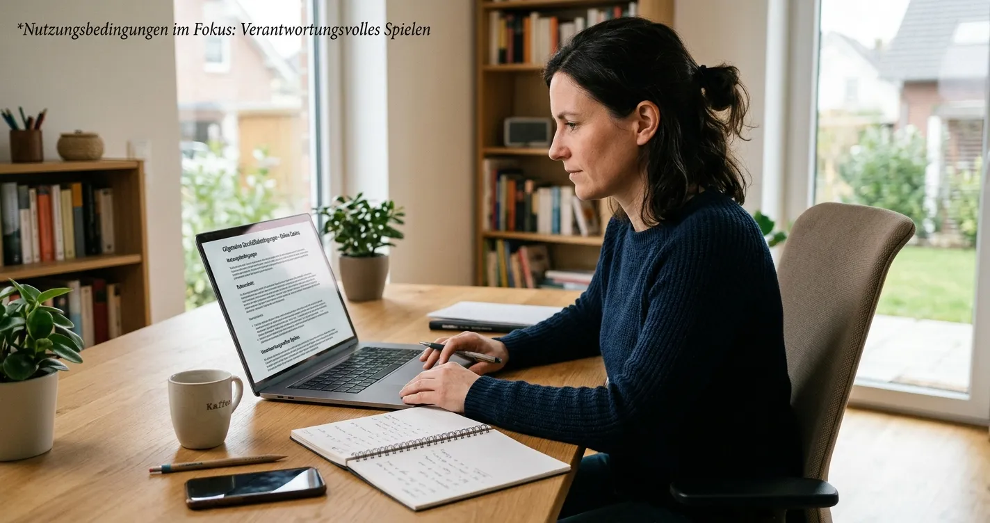 Person prüft neutrale Casino-Bedingungen auf einem Laptop neben einem Notizbuch