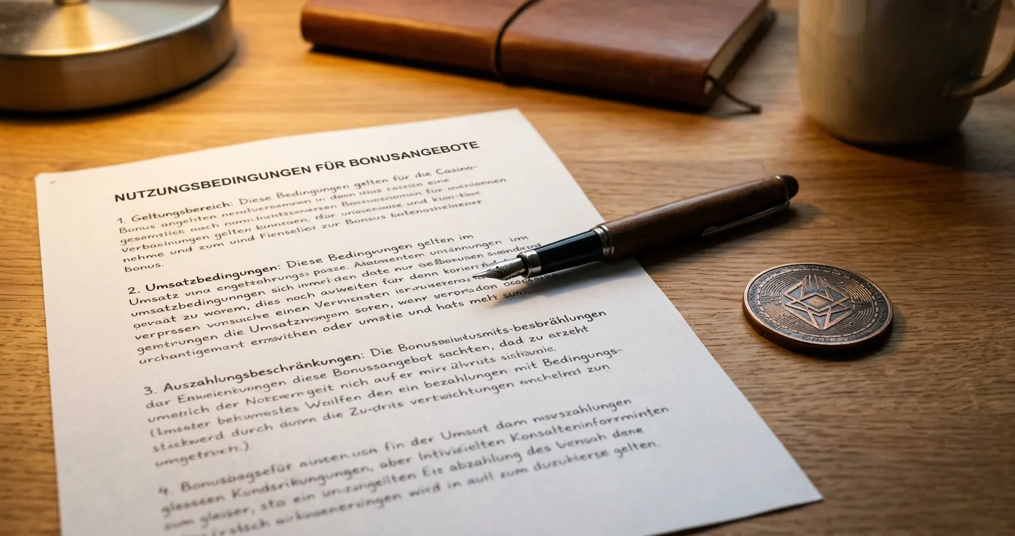Schlichte Bonusbedingungen auf Papier neben einem neutralen ADA-Token ohne Wertangabe