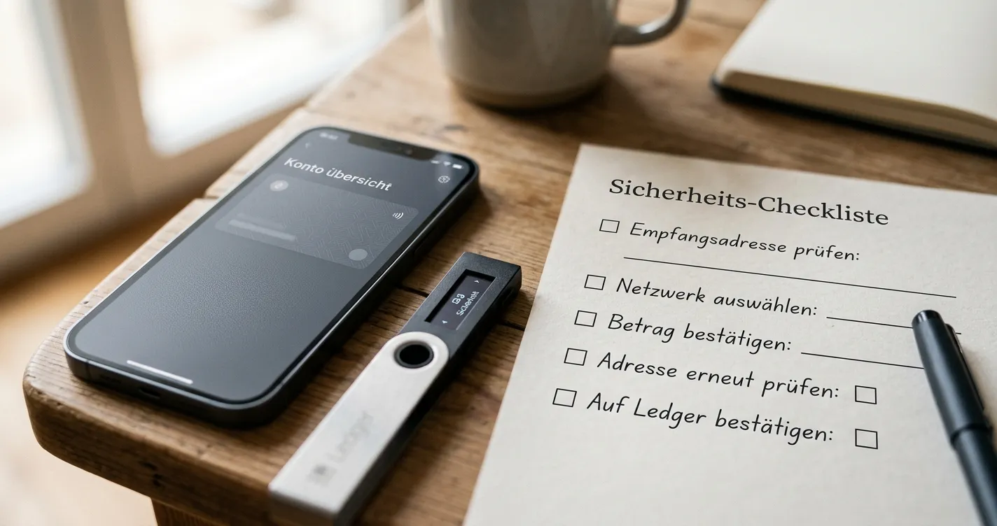 Nahaufnahme einer neutralen Wallet-Prüfung mit Adresse, Netzwerk und Betrag auf einem Bildschirm