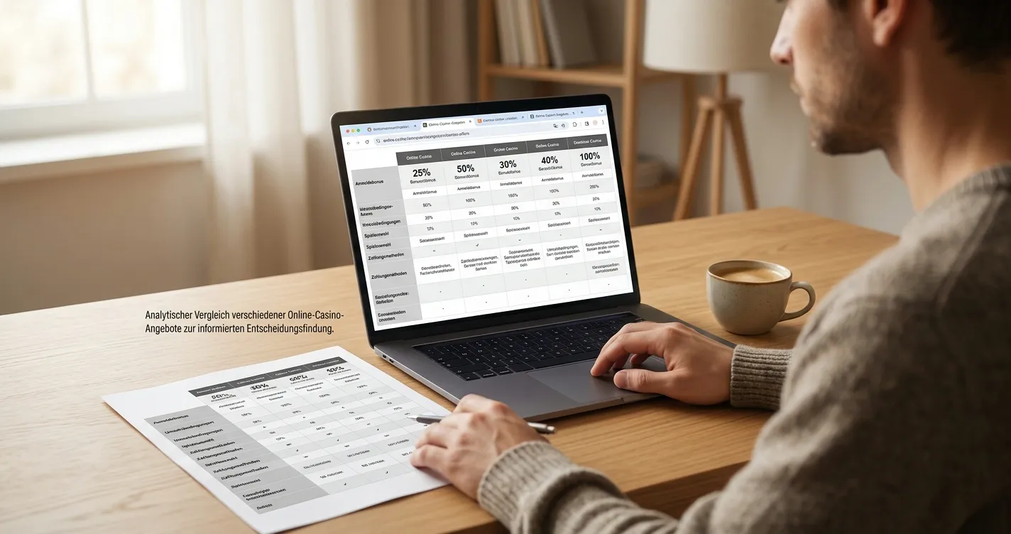 Vergleich mehrerer Online-Casinos mit 20 Euro Startguthaben auf einem Laptop
