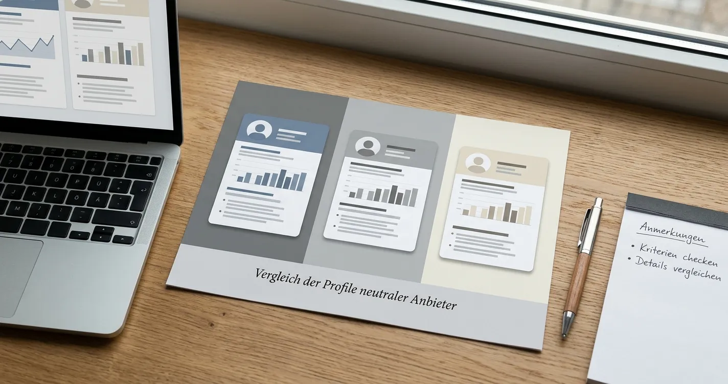 Drei neutrale Anbieterprofile auf einem Vergleichsblatt ohne Logos