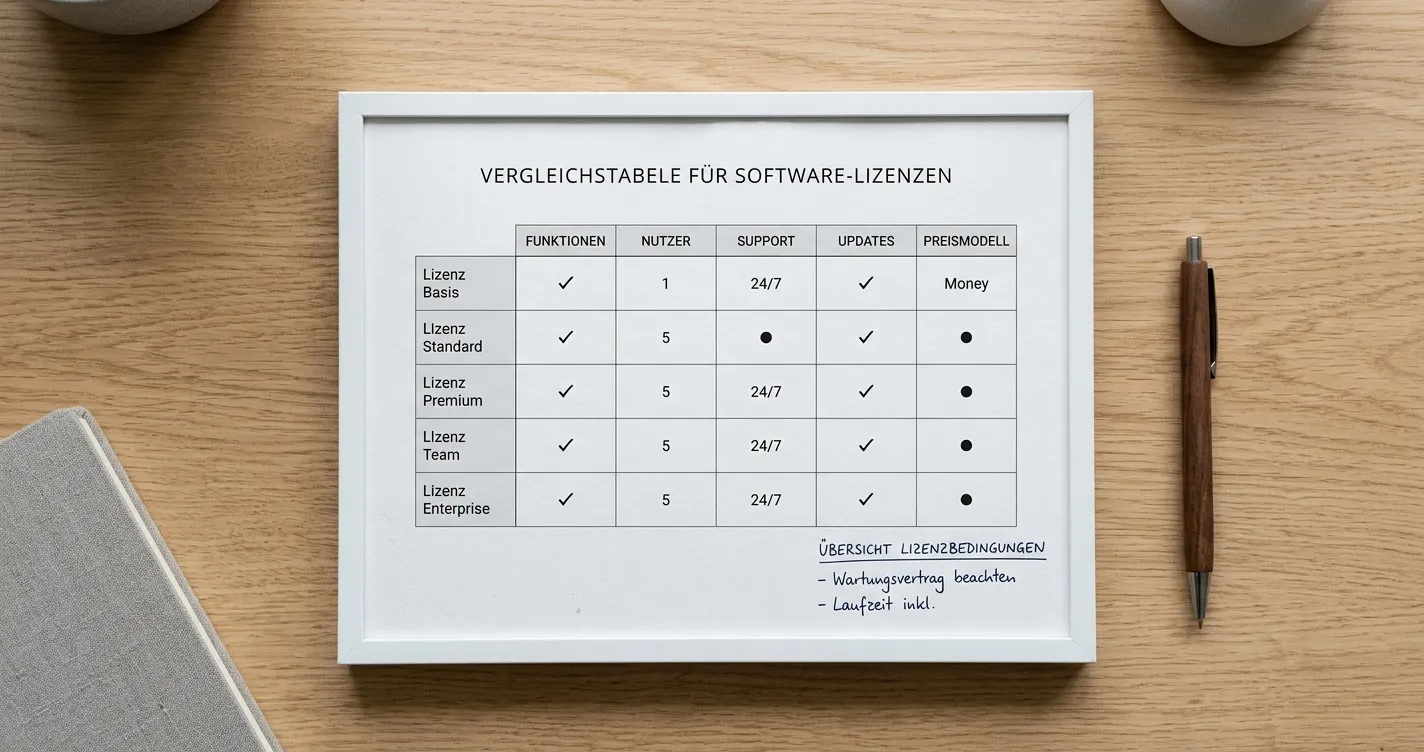 Vergleichstabelle mit neutralen Anbieternamen und Lizenzspalten