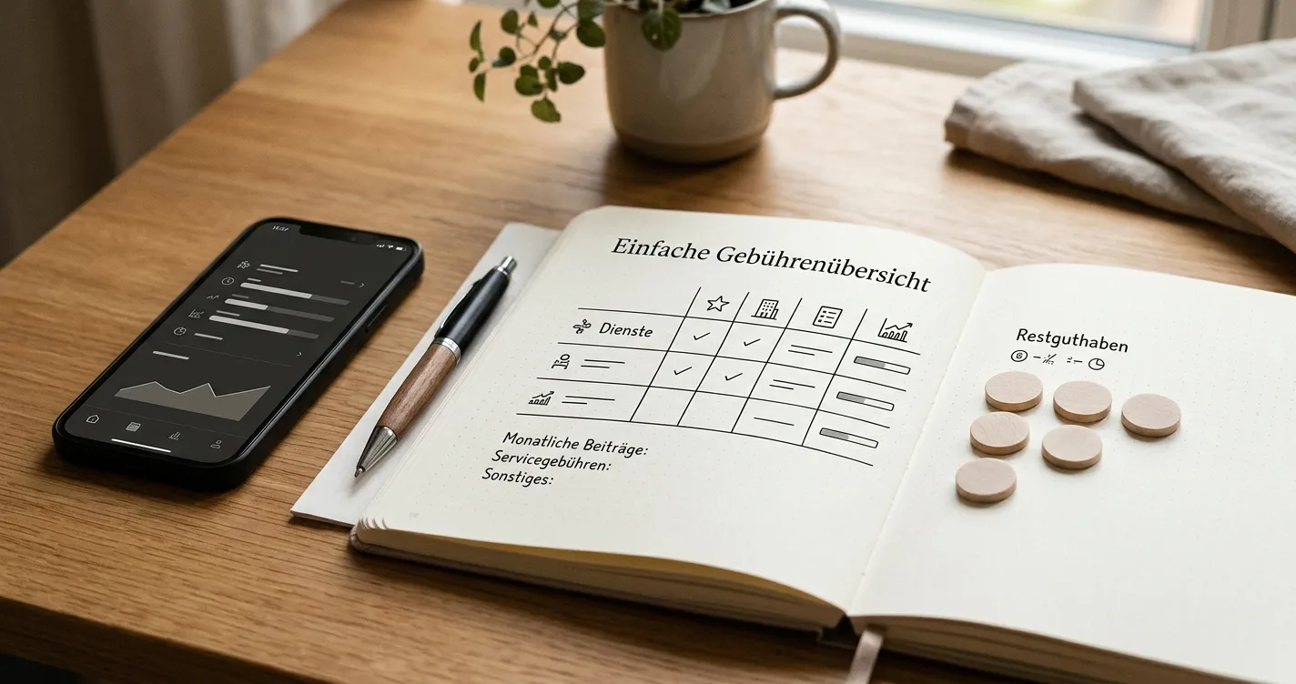 Ordentliches Notizblatt mit neutraler Gebührenübersicht und abstrakten Guthabenmarkierungen