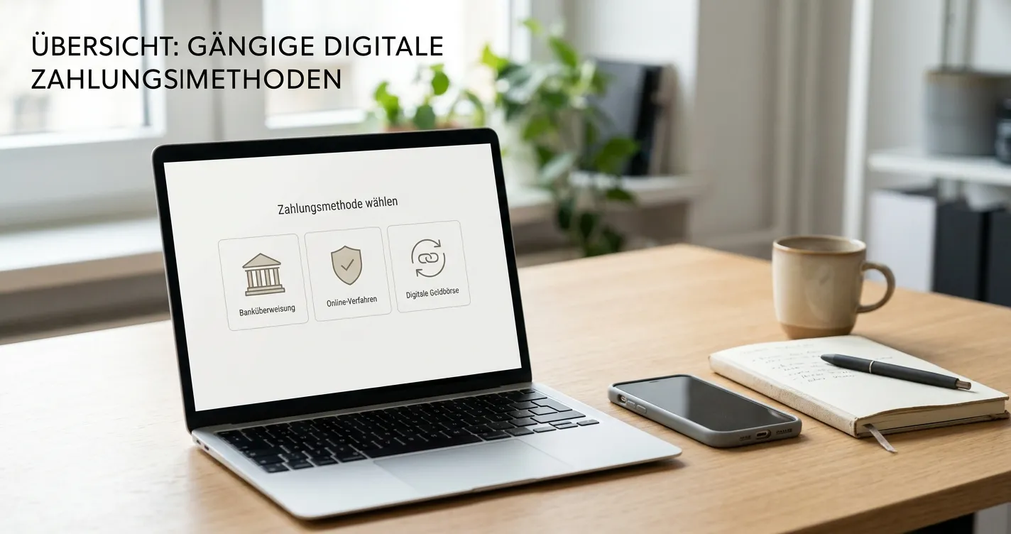 Laptop mit neutralen Zahlungsoptionen und daneben ein schlichtes E-Wallet-Symbol