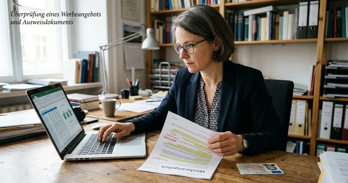Neutraler Laptop mit ausländischer Bonuskarte und markierten Prüfhinweisen