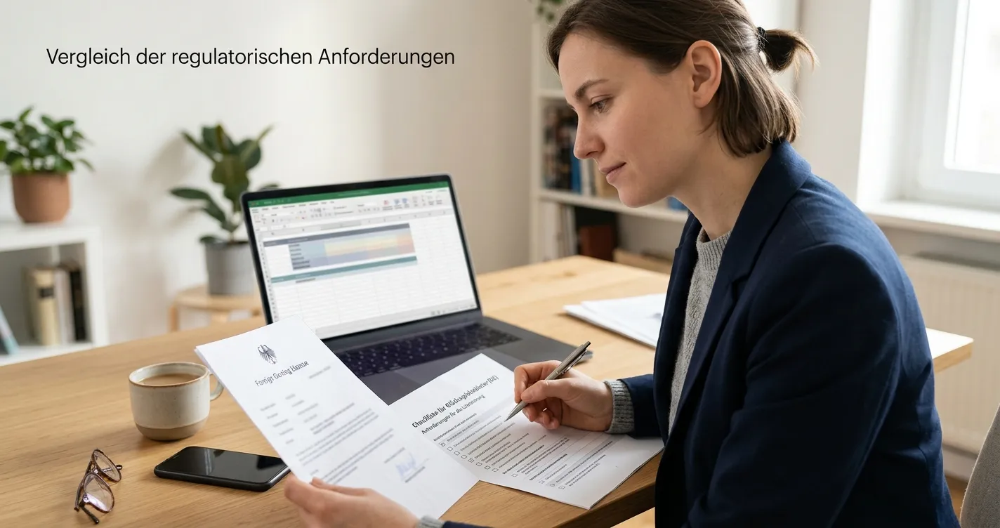 Person prüft eine ausländische Glücksspiellizenz neben einem neutralen Laptop