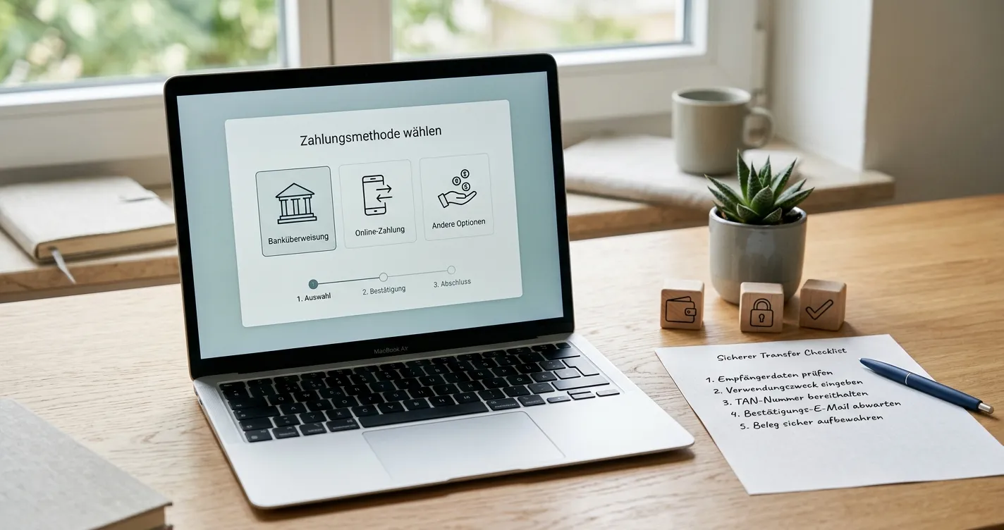 Neutrale Zahlungsübersicht mit E-Wallet-Symbolen und sicherem Laptop-Arbeitsplatz