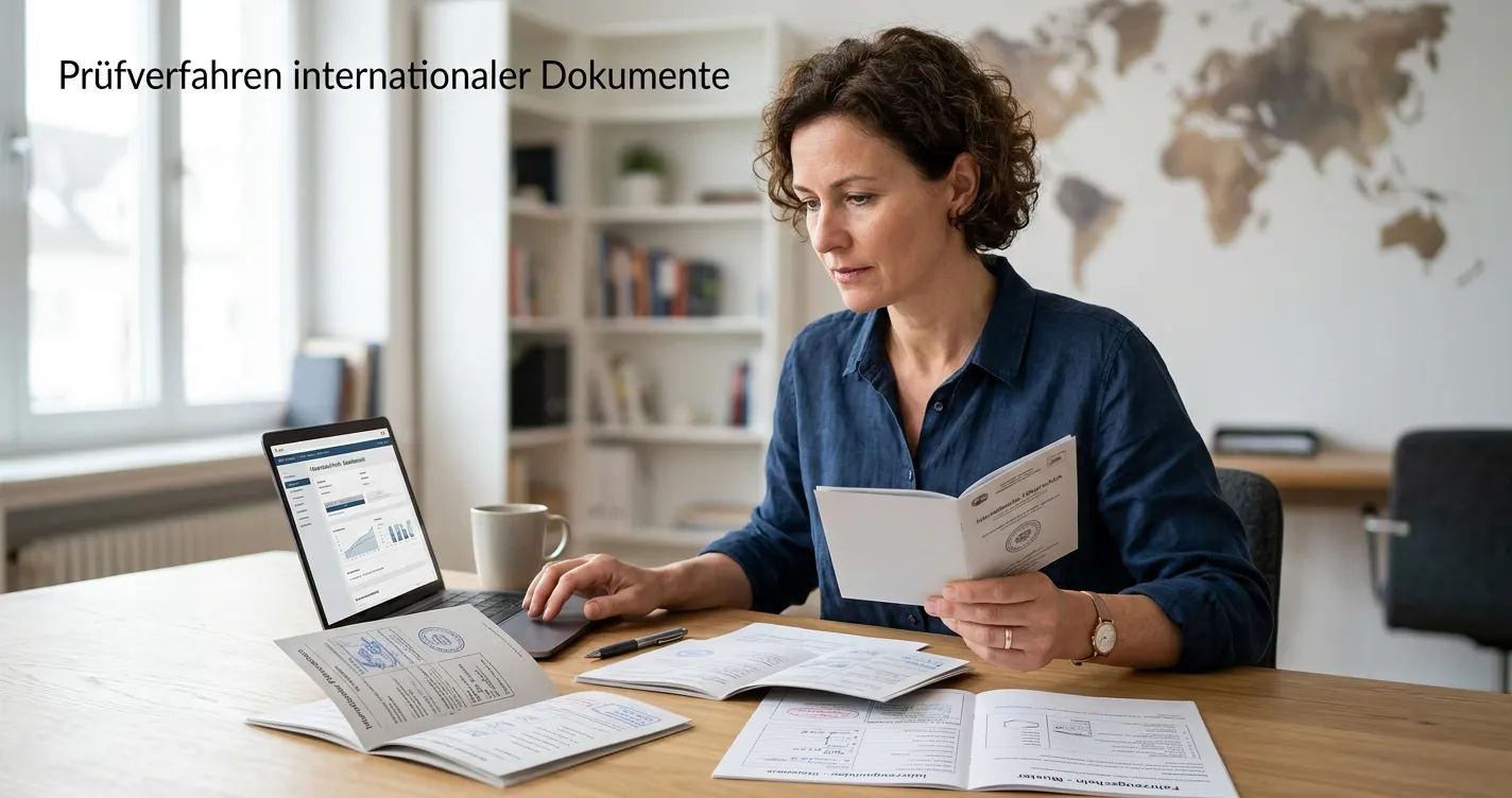 Laptop mit neutraler internationaler Lizenzprüfung und mehreren Dokumentmappen