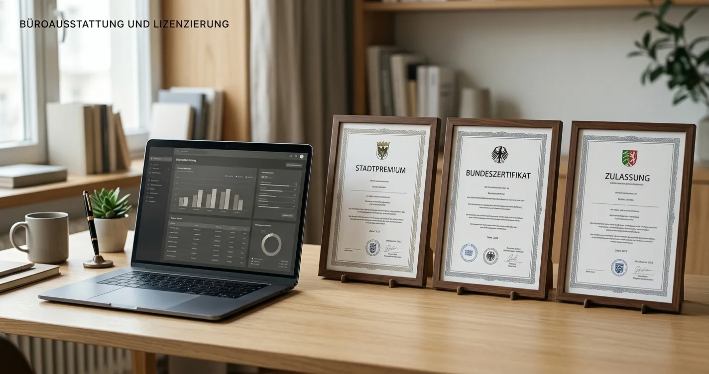 Lizenzunterlagen aus verschiedenen Rechtsgebieten neben einem Laptop