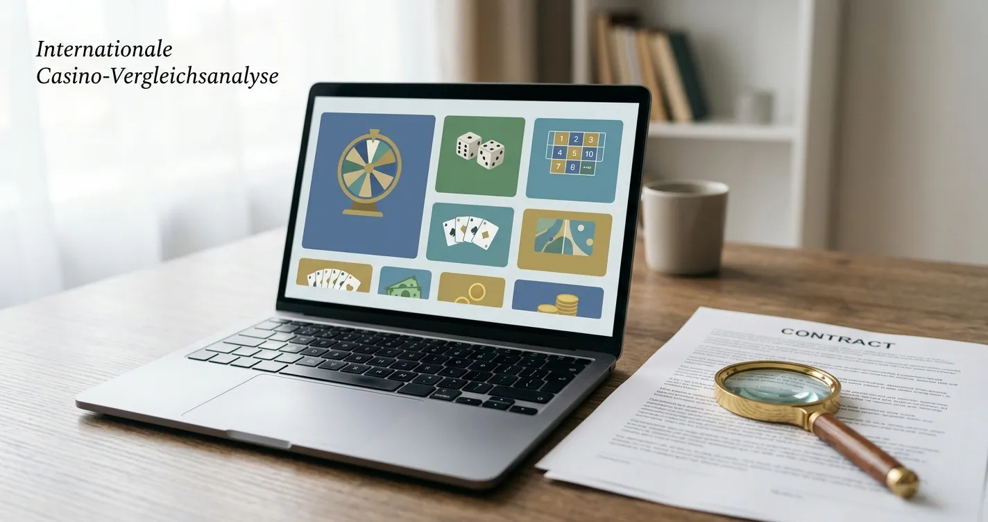 Laptop mit neutralen Casino-Kacheln und danebenem Prüfblatt ohne Logos