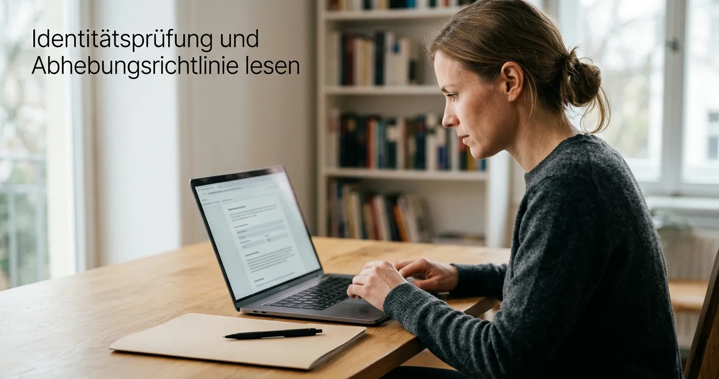Person liest KYC- und Auszahlungsbedingungen auf einem neutralen Bildschirm
