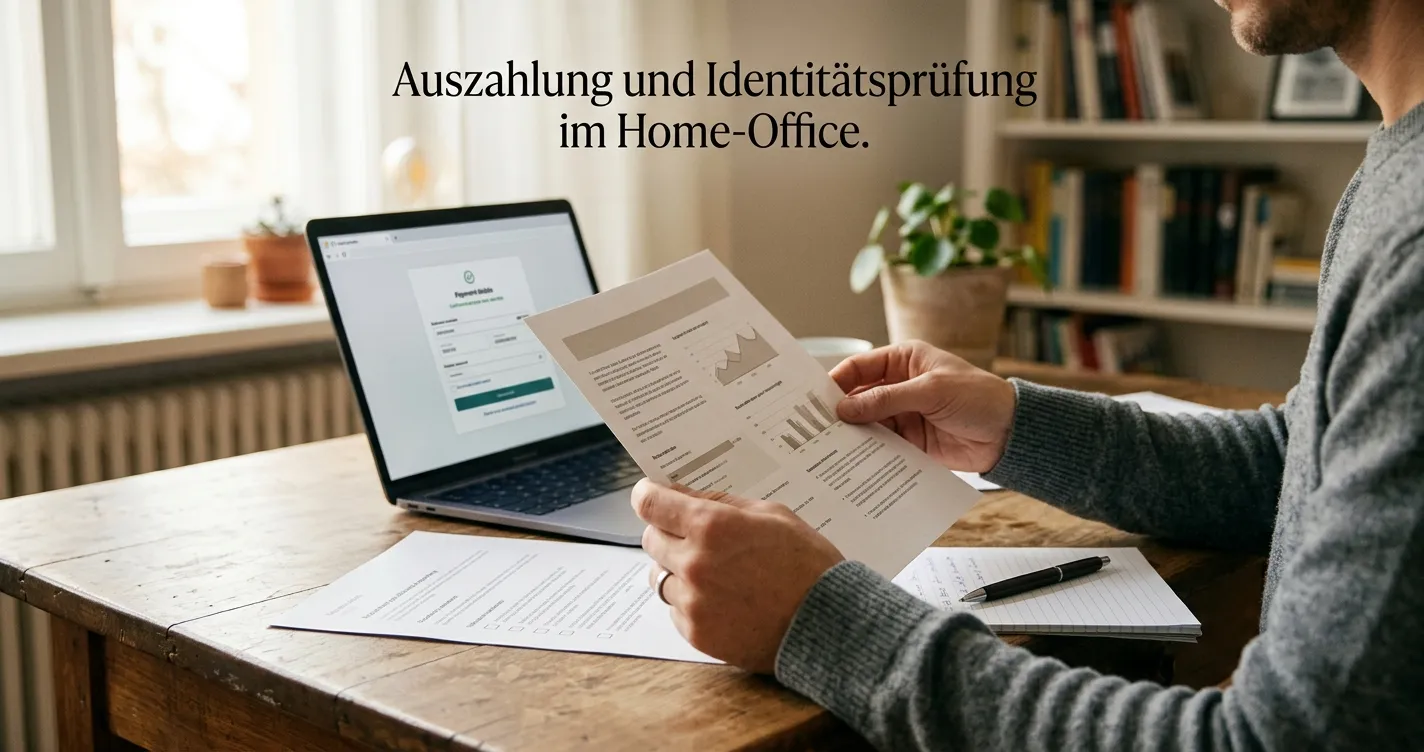 Person mit Notizblock prüft Auszahlungsklauseln neben einer neutralen Zahlungsoberfläche