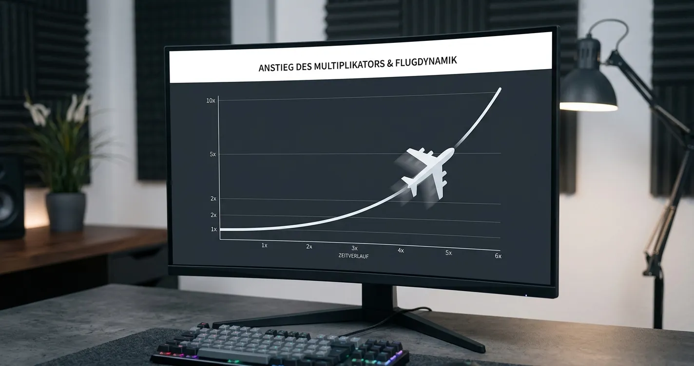 Aviator Spielrunde mit Flugzeug, Multiplikator und neutraler Casino-Oberfläche