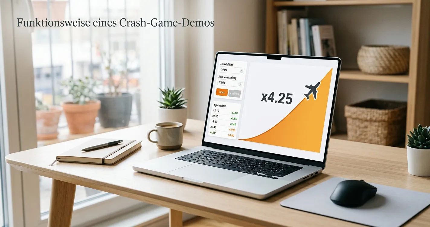 Demoansicht eines Crash-Spiels auf einem neutralen Laptop ohne Markenlogo