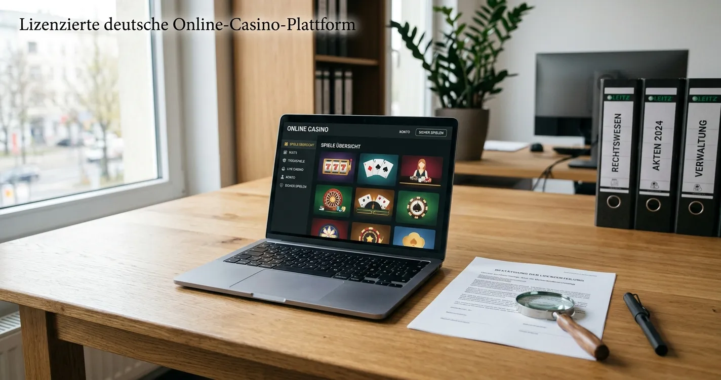 Prüfung einer deutschen Glücksspielerlaubnis neben Laptop mit neutraler Spiellobby