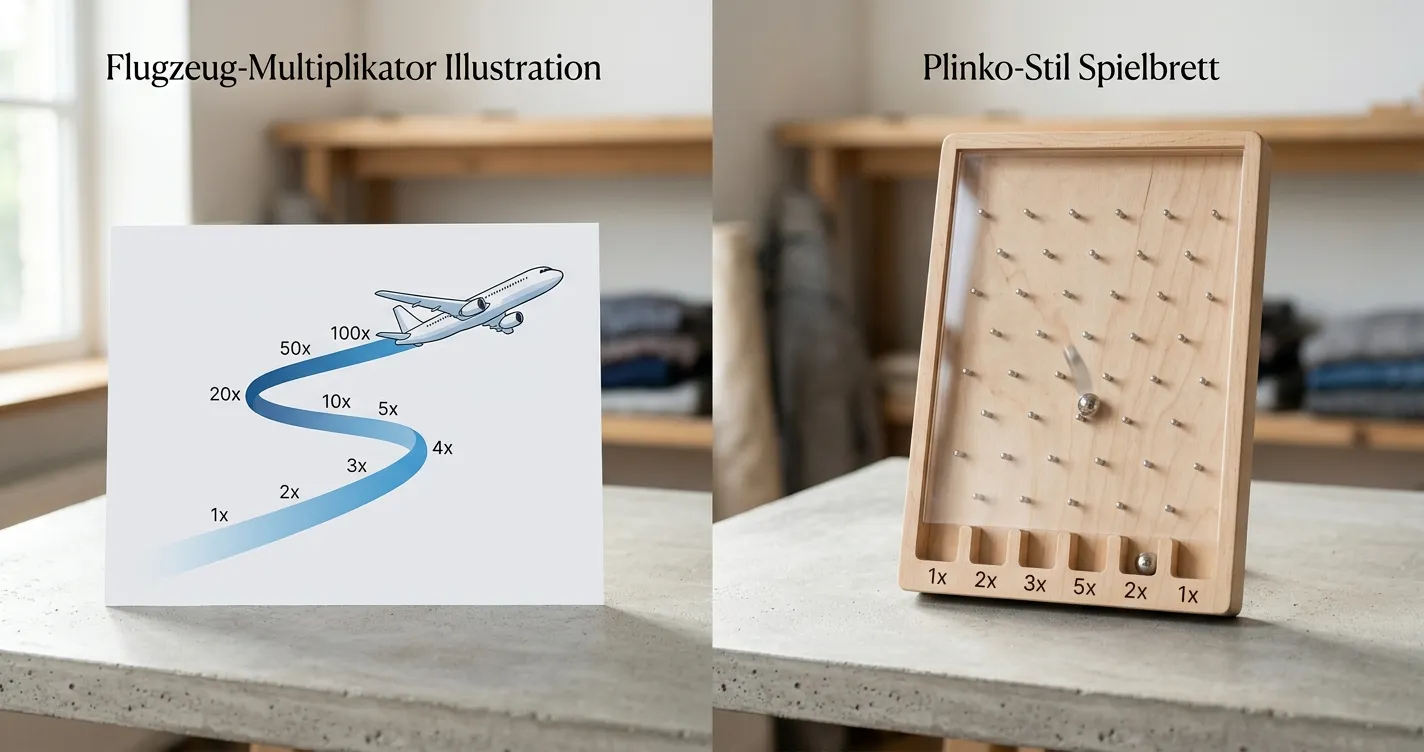 Vergleichende Darstellung von Flugzeug-Multiplikator und Plinko-Spielobjekt auf neutralem Tisch