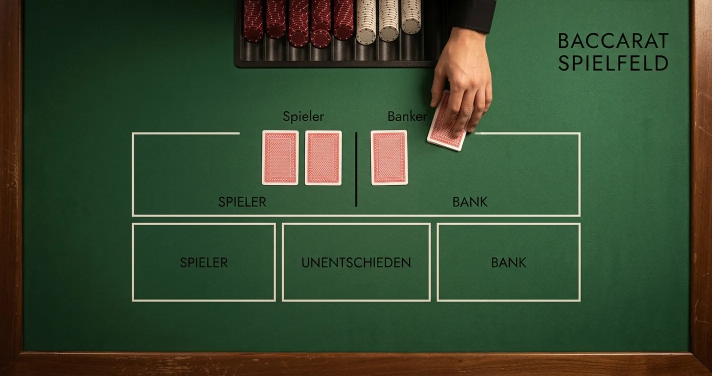 Nahaufnahme eines neutralen Baccarat-Tisches mit Karten und drei Wettfeldern