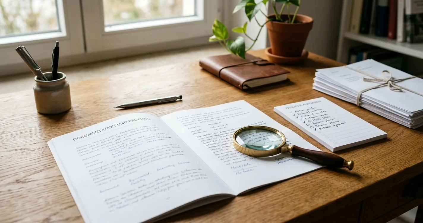 Schreibtisch mit neutralem Registerauszug und geordneter Prüfliste