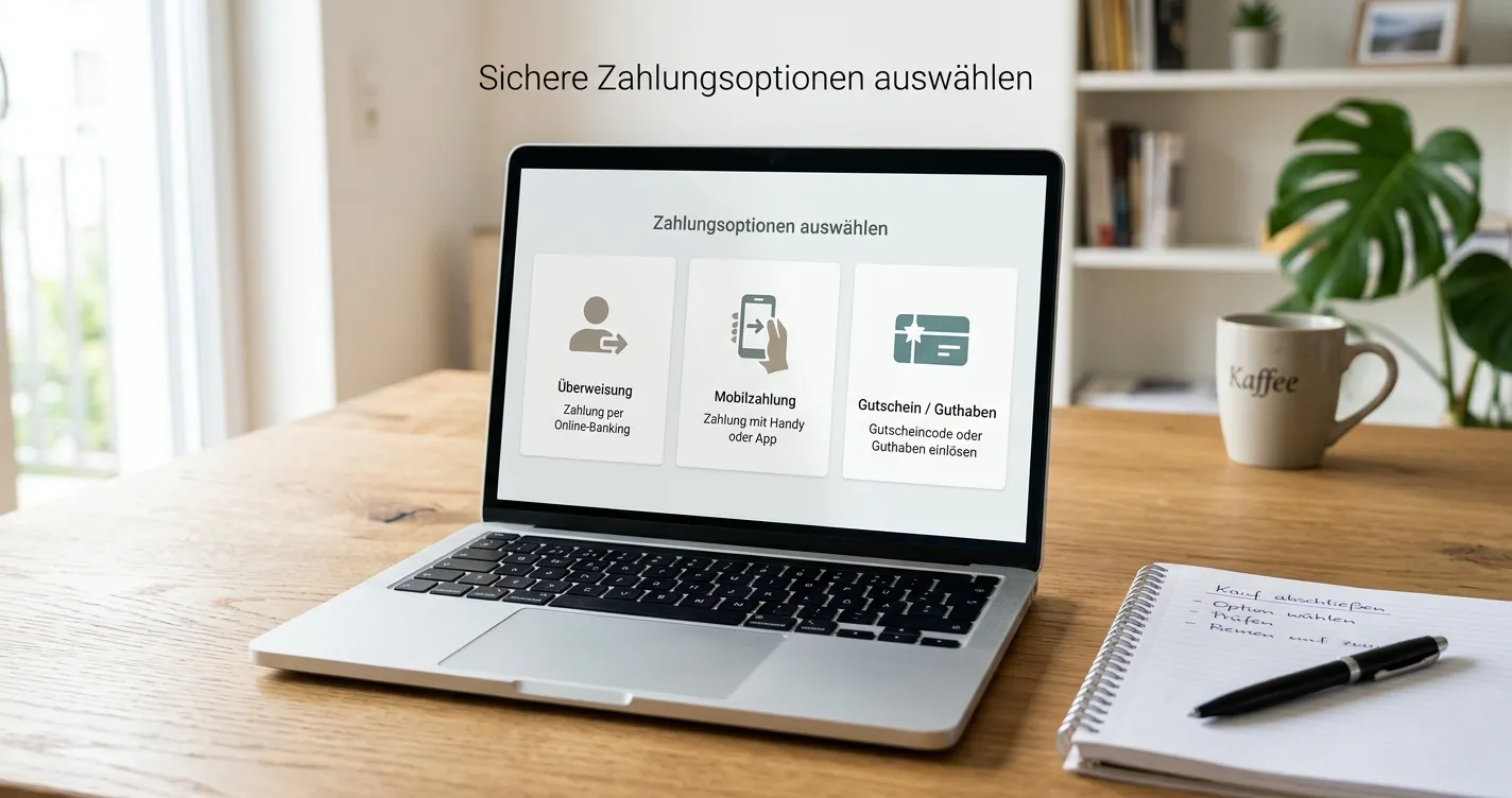 Laptop mit neutralen Zahlungsoptionen und handschriftlicher Entscheidungsmatrix