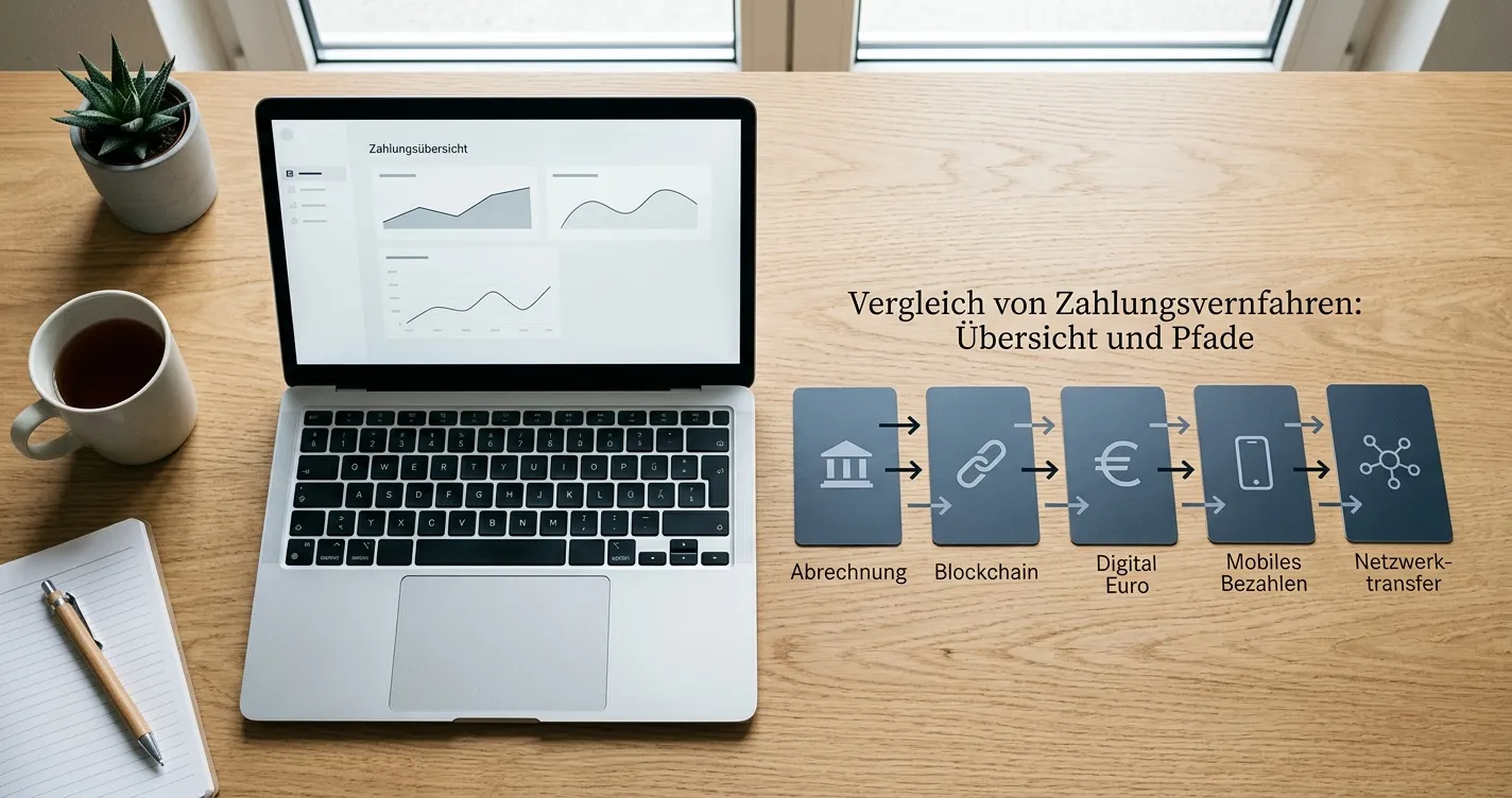 Neutrale Übersicht verschiedener Bankzahlungsverfahren auf einem Schreibtisch
