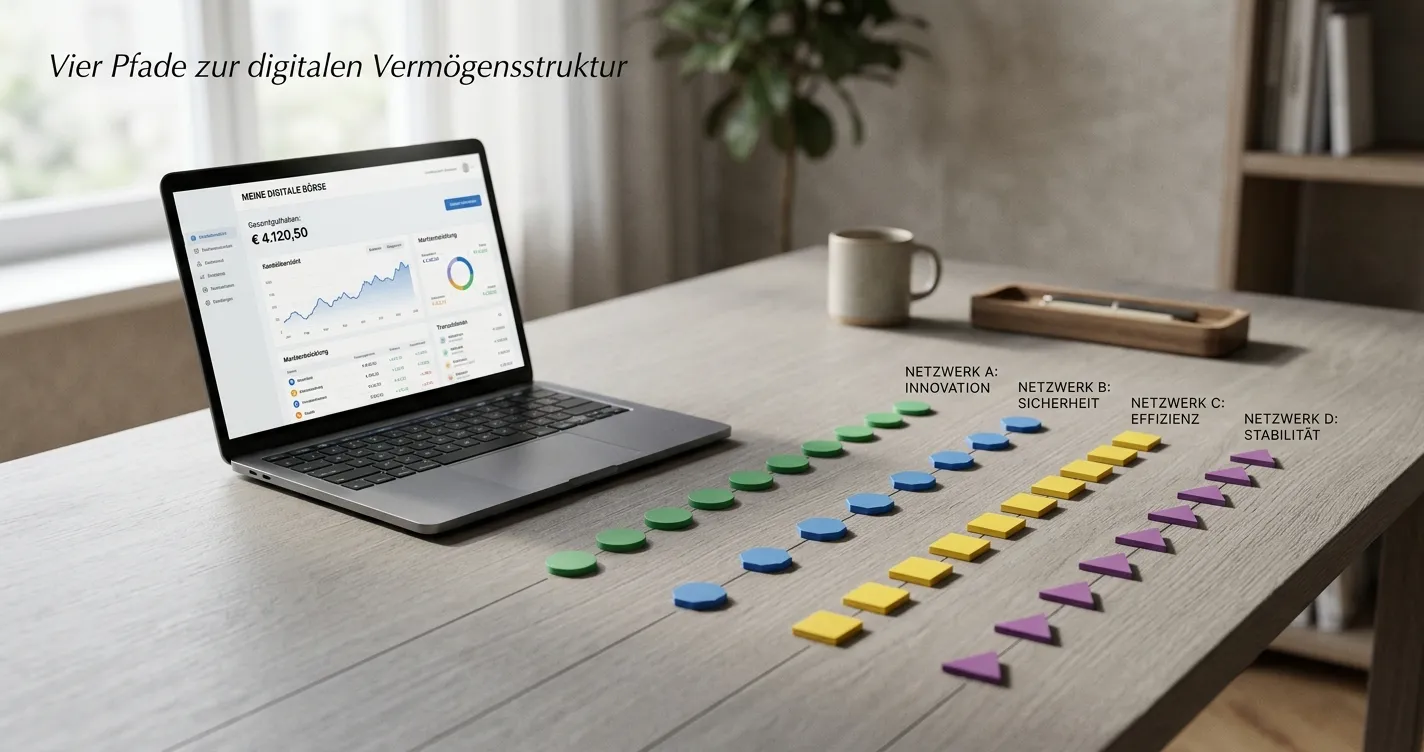 Abstrakte, markenfreie Darstellung von BCH, BTC, Litecoin und USDT-Netzwerken