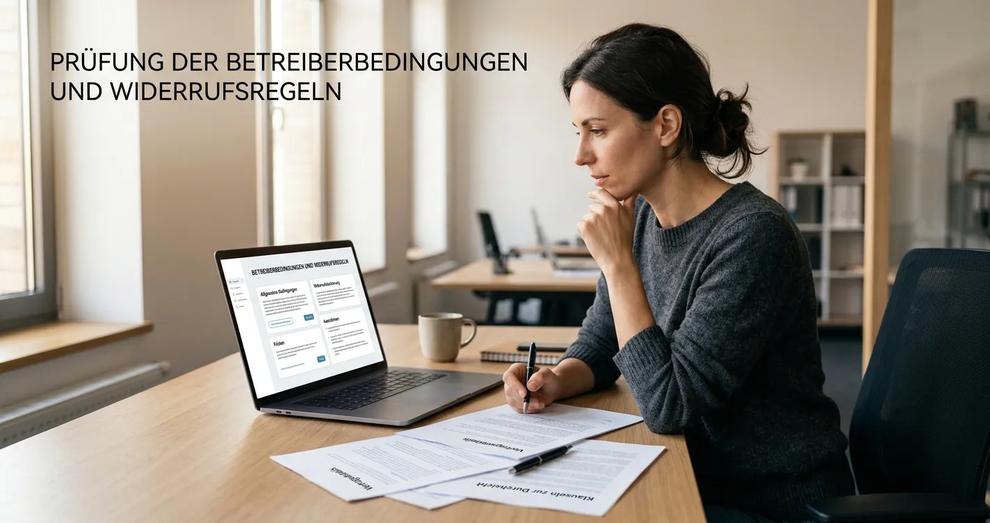 Person prüft Betreiberbedingungen und Auszahlungsregeln am neutralen Laptop