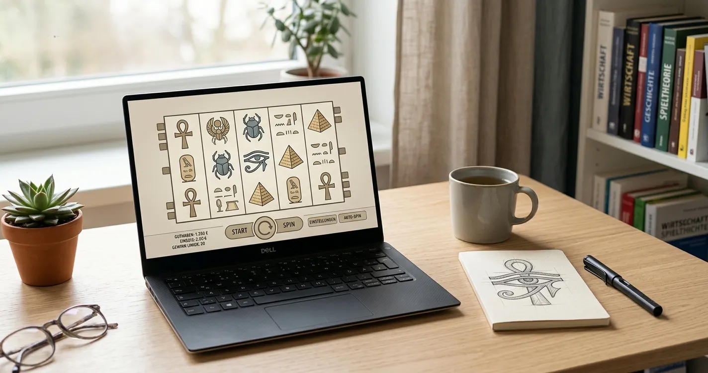 Schreibtisch mit neutralem Casino-Vergleich und ägyptisch inspiriertem Spielsymbol