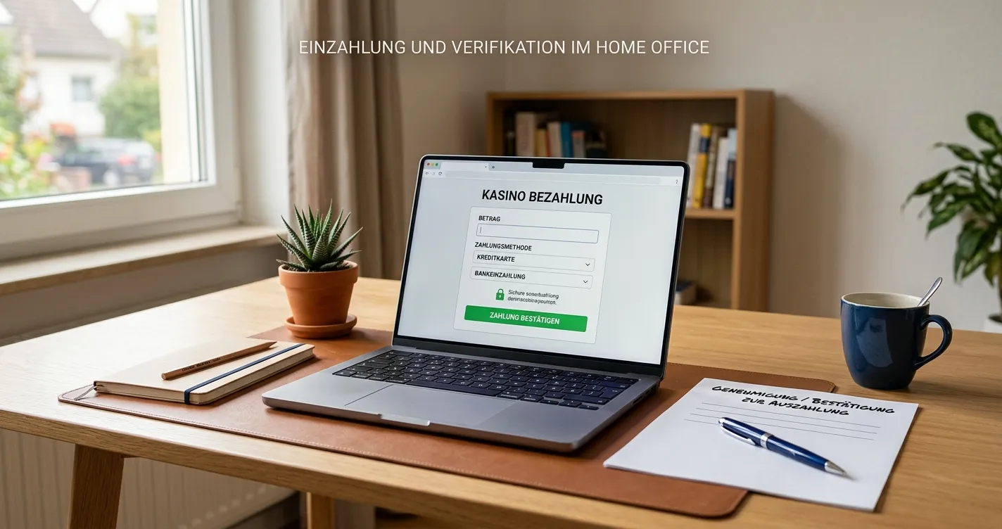 Schreibtisch mit Laptop und neutralem Zahlungsdokument für ein Online-Casino