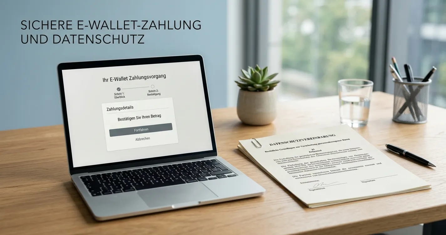 Schreibtisch mit neutralem E-Wallet-Zahlungsablauf und deutschem Glücksspielhinweis