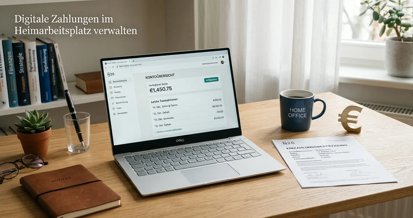 Schreibtisch mit Laptop und neutraler MiFinity-Wallet neben Casino-Prüfunterlagen