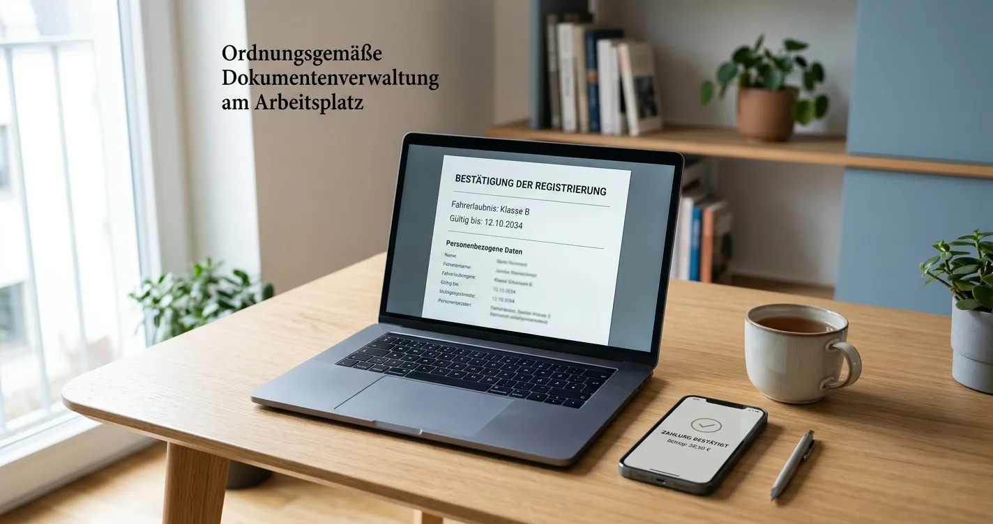 Schreibtisch mit neutraler Revolut-Zahlung und deutscher Erlaubnisprüfung