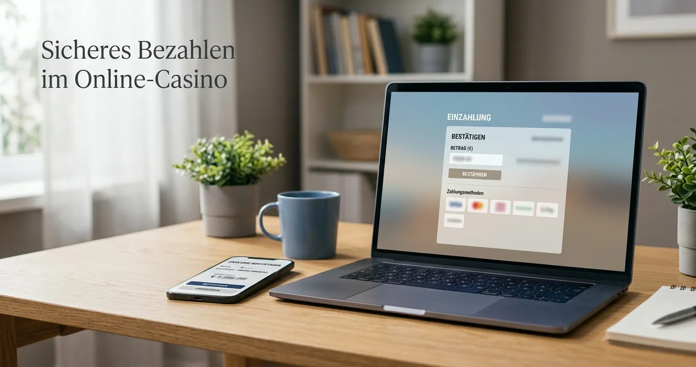 Schreibtisch mit Smartphone und neutraler Wallet-App für Casinozahlungen