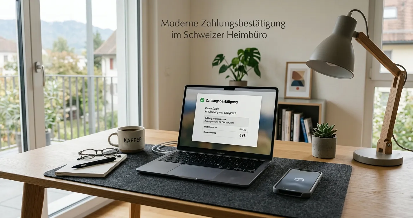 Schreibtisch mit Laptop und neutraler Schweizer Zahlungsoberfläche
