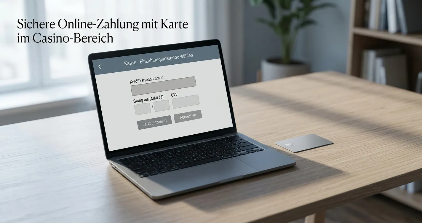 Visa-Karte neben neutralem Casino-Vergleich am Laptop