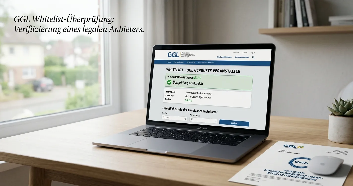Schreibtisch mit offenem Laptop und GGL-Whitelist-Prüfung auf dem Bildschirm