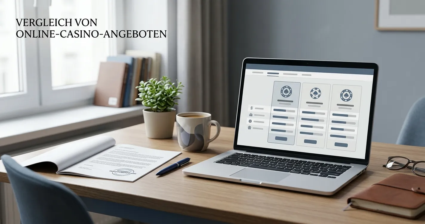 Laptop mit neutraler Casino-Vergleichsansicht und deutschem Prüfdokument