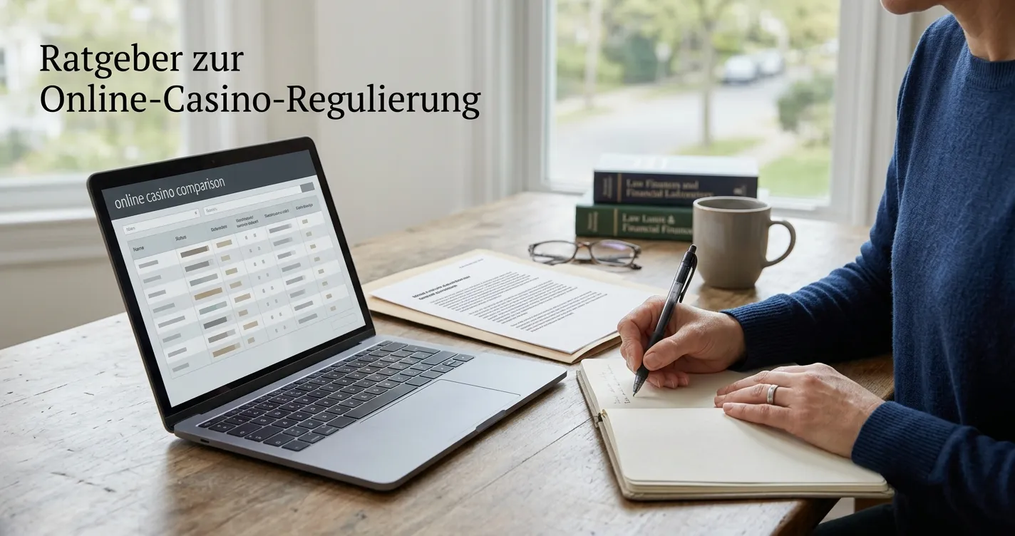 Schreibtisch mit neutralem Casino-Vergleich und deutschem Regulierungsdokument