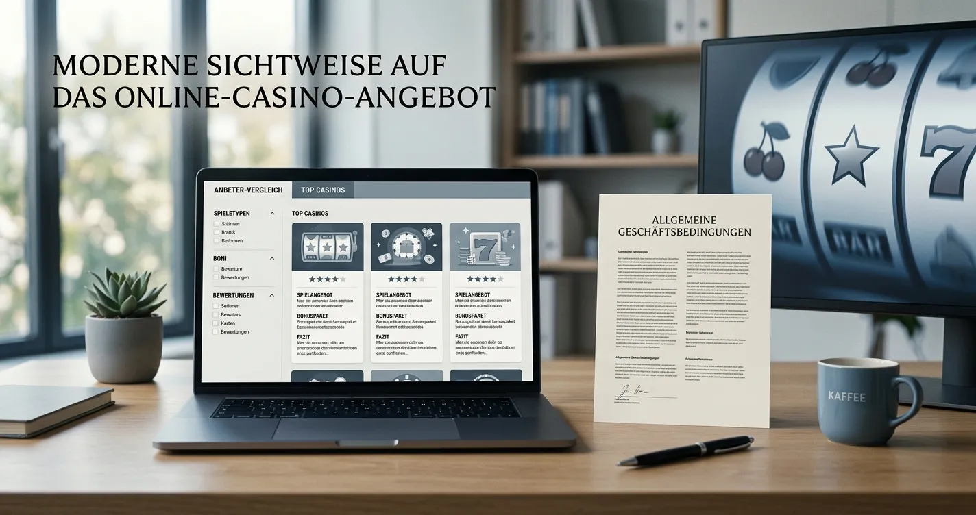 Schreibtisch mit neutralem Online-Casino-Vergleich und Merkur-Spielautomaten ohne Markenlogos
