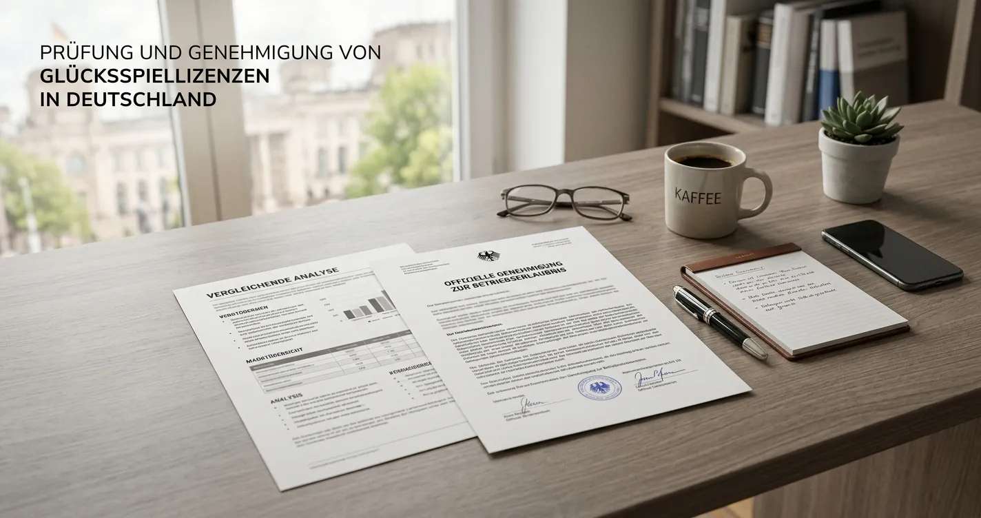 Schreibtisch mit neutralem Casino-Vergleich und deutschem Erlaubnisdokument